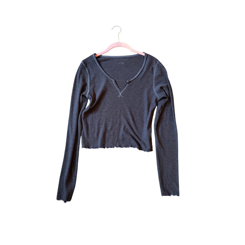 American Eagle Women's Shirt Thermal Long Sleeve Waffle Knit Henley Crop MED